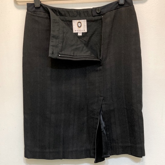 Mayle Black Tonal Striped At-the-Knee Skirt with Silk Insert Kick Pleat - Picture 1 of 9